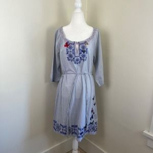 3J Workshop Johnny Was Striped Dress Embroidered S fit M Blue Milkmaid Floral